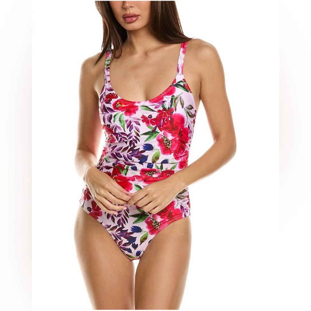NWT Nicole Miller Women's Floral Ruched One-Piece Swimsuit Size Large